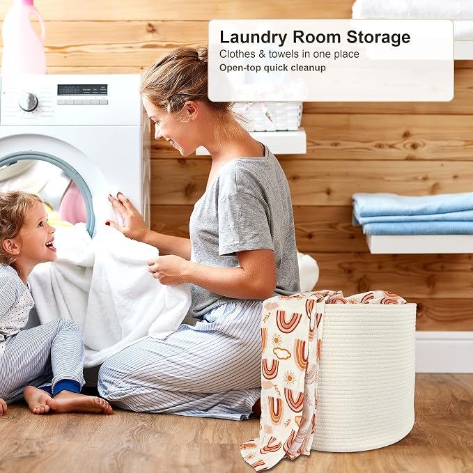 XUANGUO Cotton Rope Woven Basket, 16x14 in Kids Laundry Basket, white | Round blanket basket and small laundry basket; baby hamper or nursery storage bin for girls, boys, toys, clothes and shoes