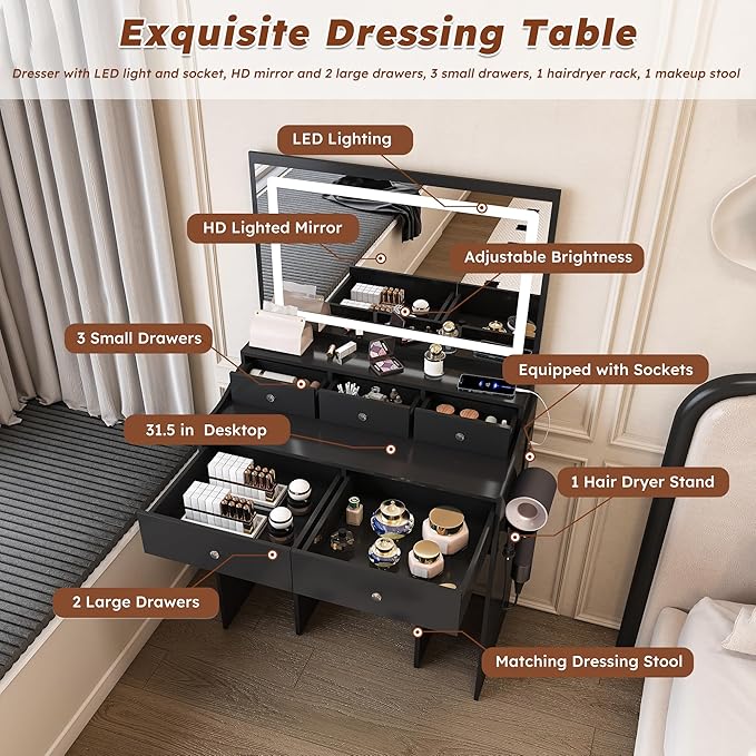 Small Vanity Desk with Mirror and Lights, Makeup Vanity Table with Large Mirror & 5 Drawers & Stool & Hair Dryer Holder, Dressing Table Set for Bedroom, Brightness Adjustable