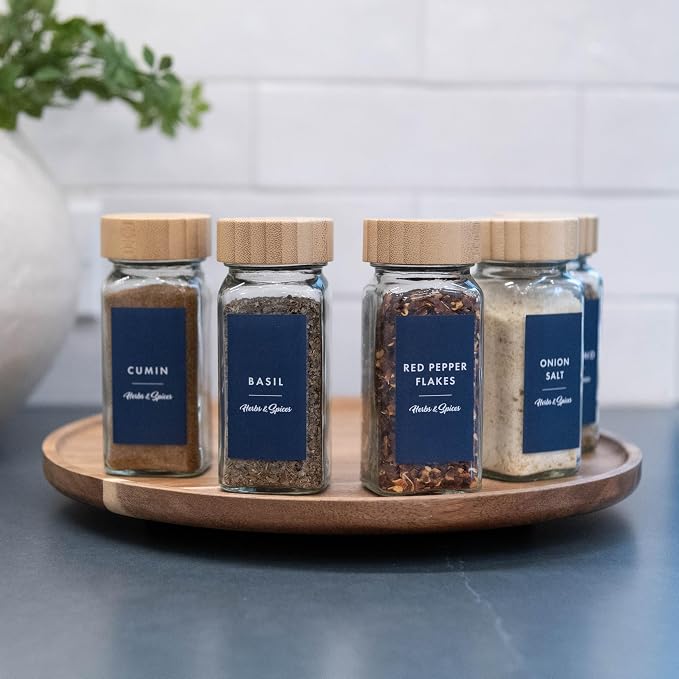 Spice Jar Labels – 89 Preprinted Waterproof Stickers, Minimalist Kitchen Seasoning Labels for Pantry Organization (White, Black, Navy)