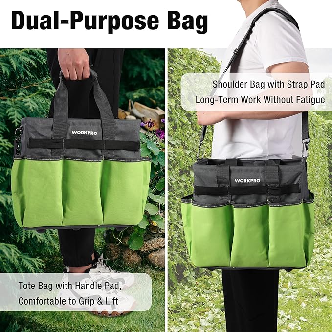 WORKPRO Garden Tool Bag, 10 Pockets and Shoulder Strap, Green | Heavy Duty Gardening Organizer Tote Bag Standable Garden Home Tool Kits Organizer (Tools are not Included)
