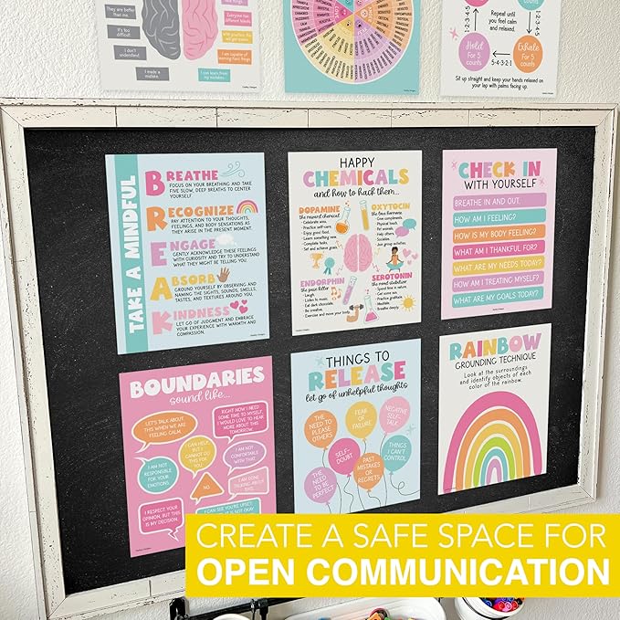 Hadley Designs 9 Mental Health Posters for Classroom - School Counselor Office Must Haves, Mental Health Therapy Office Decor, Growth Mindset Posters, Wheel of Feelings Chart, Pastel Classroom Decor