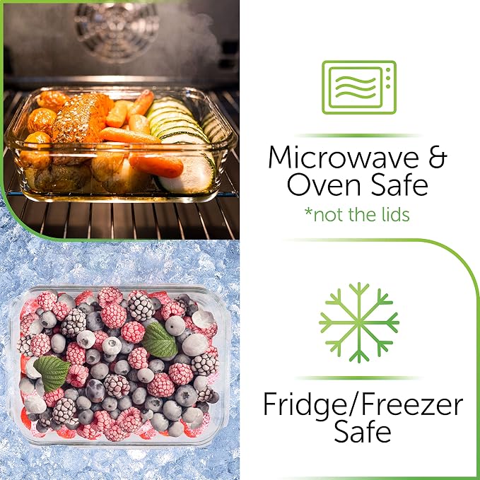 PrepNaturals 8 Pack 36 Oz Glass Meal Prep Containers - Dishwasher Microwave Freezer Oven Safe - Glass Storage Containers with Lids (Multi-Compartment) | Square Borosilicate Glass Meal Prep Containers - Airtight Leak-Resistant Lids, Microwave, Oven & Fr...