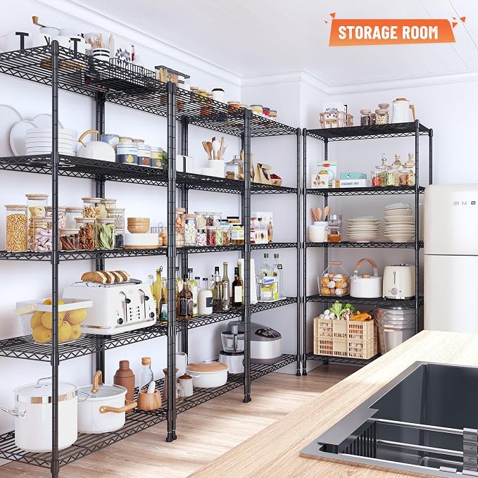 Romorgniz 5-Tier Shelf 1010LBS Storage Shelves Adjustable Wire Shelving,Tool-Free Assembly,Metal Shelving Unit for Kitchen Pantry Closet Laundry Bathroom 59" Hx21.7 Wx13.8 D,Black,3P