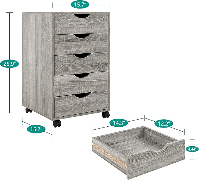Naomi Home 5 Drawer Office Storage File Cabinet, Under Desk Storage File Cabinets for Home Office Organization Filing Cabinet with Wheels, Printer Stand,180 lbs Capacity - Gray Oak