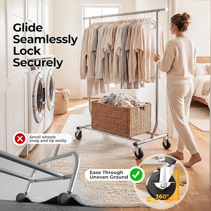HOKEEPER Clothes Rack, Rolling Clothing Racks for Hanging Clothes, Portable Clothes Rack with Lockable Wheels, Commercial Heavy Duty Garment Rack for Bedroom, Living Room, Laundry, Balcony Collapsible