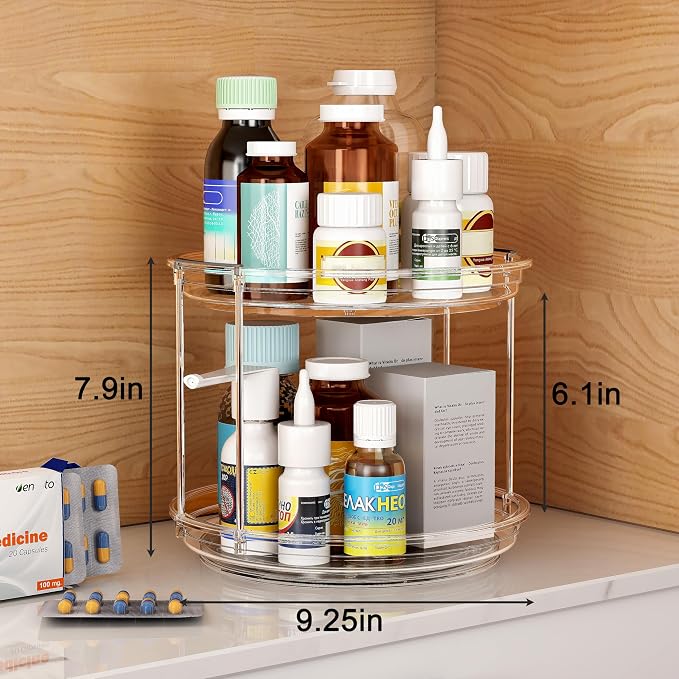 2 Pack 2 Tier Lazy Susan Turntable Organizer 9.25 inch, Rotating Spice Rack Organization for Cabinet, Bathroom, Pantry, Countertop, Kitchen, Vanity, Medicine Cabinet Organizer, Clear