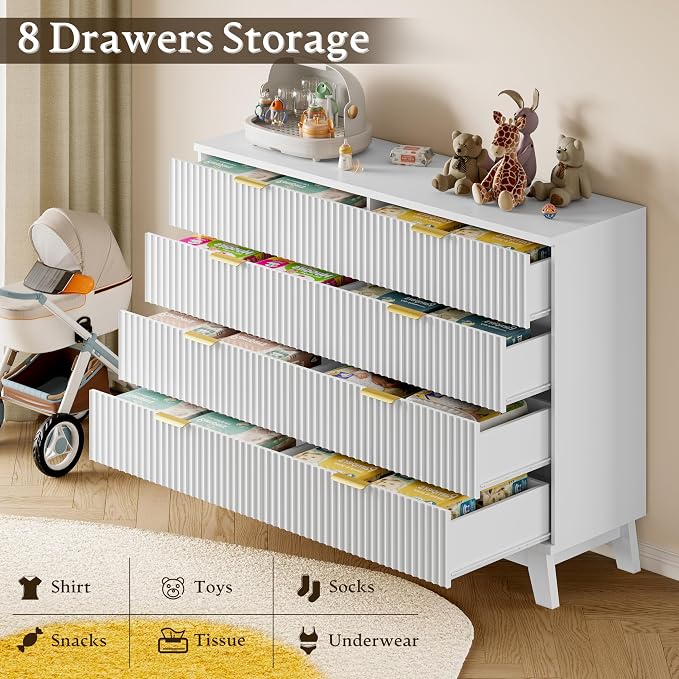 BORNOON Fluted 8 Drawer Tall Dresser, 47.2" Wide Modern Boho Chest of Drawers, Wooden Storage Dresser TV Stand for Bedroom, Living Room, Closet, Hallway, Curved Profile Design