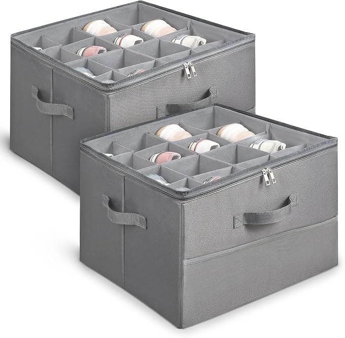 Shoe Organizer for Closet, 16 Compartment Foldable Storage Box with Lids | Milentii 2-Pack Foldable Shoe Organizer with Box Bin, Adjustable Dividers & Clear Cover Closet Storage Fit 16-32 Pairs, Grey
