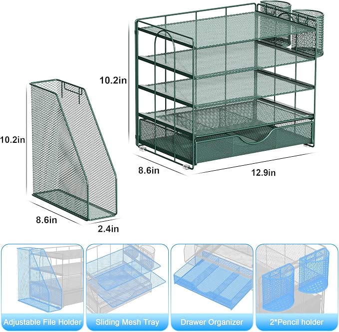 gianotter 5-Tier Desk Organizer with Drawers, File Holders, Letter Trays and Pen Holders - Workspace Accessories for Office Supplies (Green)