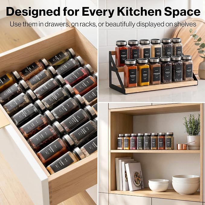 EDELHAUS Glass Spice Jars with Label and Silver Sprinkle Lids (24 x 4oz) | Airtight Lids keep spices fresh, Kitchen Spice Drawer Organizer, 4oz Seasoning Containers incl. Funnel, Brush & 240 Labels