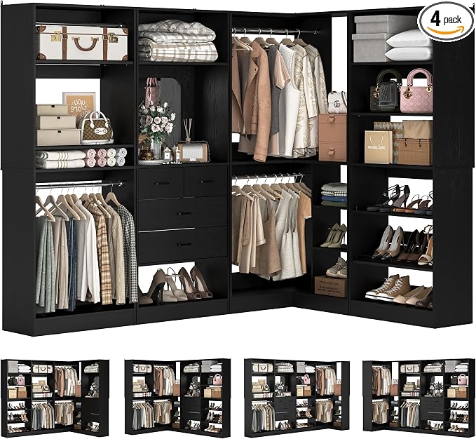 Unikito 110” Closet System with Drawers, Corner Closet Organizer with 4 Hanging Rods and Mirror Design, 9.3FT Reversible Large Wood L Shaped Walk in Closets Wardrobe with Shoe Shelves, Set of 4, Black