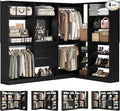 Unikito 110” Closet System with Drawers, Corner Closet Organizer with 4 Hanging Rods and Mirror Design, 9.3FT Reversible Large Wood L Shaped Walk in Closets Wardrobe with Shoe Shelves, Set of 4, Black
