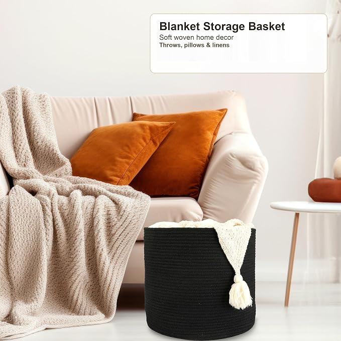 XUANGUO Cotton Rope Woven Basket, 16x14 in Kids Laundry Basket black | Round blanket basket and small laundry basket; baby hamper or nursery storage bin for girls, boys, toys, clothes and shoes