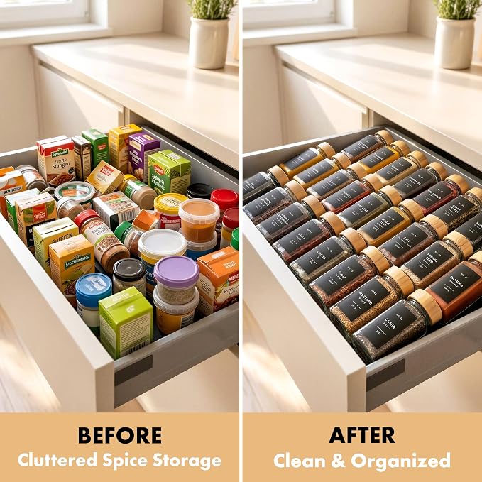 EDELHAUS Glass Spice Jars with Label, 36x Bamboo Wooden Lids - Black Labels | Airtight Lids keep spices fresh, Kitchen Spice Drawer Organizer, 4oz Seasoning Containers incl. Funnel, Brush & 240 Labels