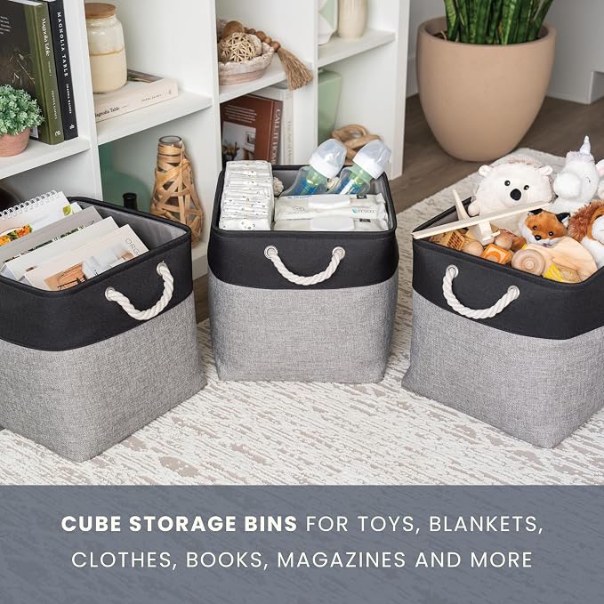 OrganiHaus 13x13 Cube Storage Bins 4 Pack, Foldable Cube Storage Organizer w/ Rope Handles, Collapsible Fabric Bins for Toys, Clothes & Closet Organization, Fabric Square Baskets - Gray/Black
