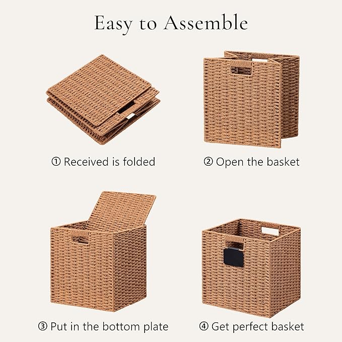 UBBCARE 2 Pack Wicker Basket, 10.5×10.5 Storage Cubes with Label, Foldable Cube Storage Bin with Handle, Square Storage Basket for Shelves, Woven Paper Rope Basket for Organizing, Caramel