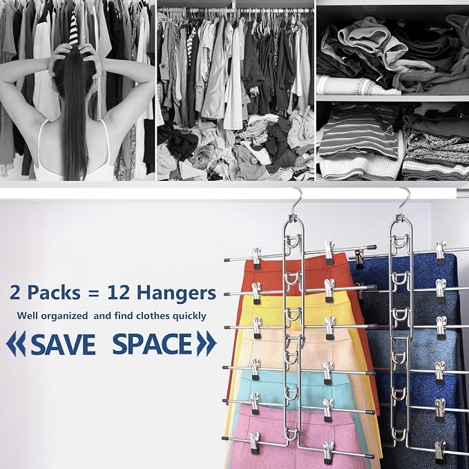 Pants & Skirt Hangers with Clips, Newly Upgraded Detachable - Space Saving Hangers, 6-Tiers Foldable Skirt Hangers for Women - Hanging Closet Organizer and Storage-2pack, Patent Pending