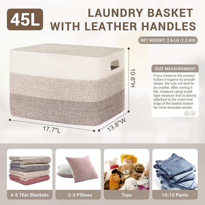 45L Small Woven Laundry Basket Hamper with Handles, Gradient Brown | 18"x14"x11", collapsible wicker hamper, storage for dirty clothes, toys, blankets, gifts, living room, bedroom, bathroom