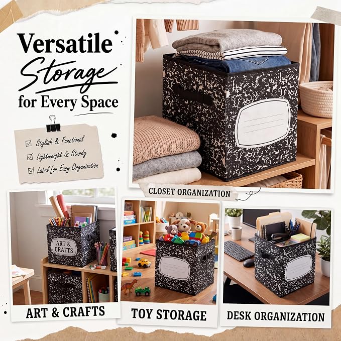 Yookeer 12 Pcs 11 Inch Composition Notebook Fabric Storage Cube Bin with Handle Zebra Print Foldable Classroom Container Cubby Basket for Back to School Decoration Office Home Nursery Organizer