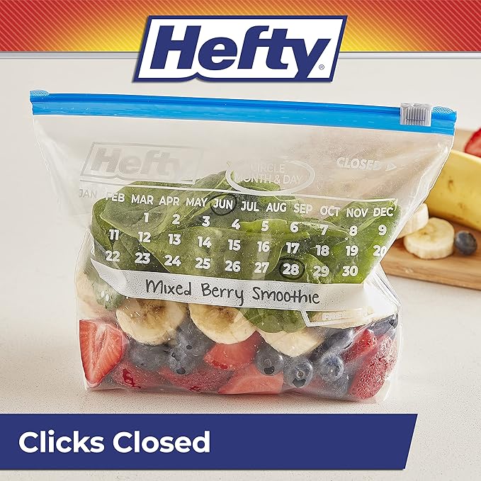 Hefty Calendar Slider Quart Freezer Bags, 140 Count, Quart Slider Bags for Freezer with Calendar Dates, Holds Raw Meat, Fruits, Veggies, and More, Secure Zip and Click Closure
