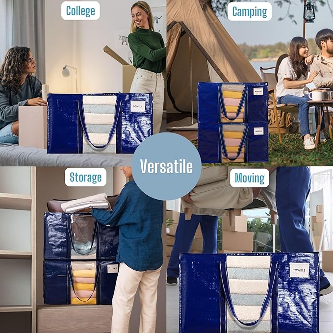 VENO 2 Pack Moving Bags with Clear Window, Heavy Duty Storage Bins with Lid, Around Handles, Tag, Zippers, Extra Large Totes Packing Moving Boxes Supplies for College Dorm Clothes (Blue, 2 Packs)