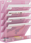 EasyPAG 5 Tier Wall File Holder, Mesh Hanging Folder Organizer with Classify Label, Versatile Desk File Holder, Vertical Wall Mounted Mail Organizer for Office Home Cubicle, Pink
