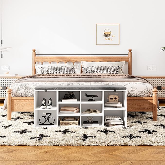 41" Shoe Storage Bench with Cushion, Entryway Shoe Rack with 10 Cubbies, Multifunctional Shoe Organizer Bench for Hallway, Bedroom, Living Room, White