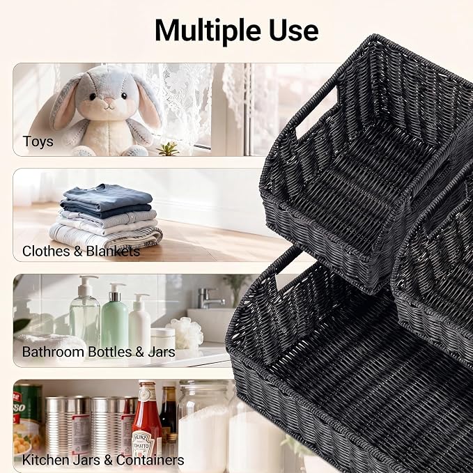 Brownlily Wicker Pantry Storage Baskets with Chalkboard,Handwoven Baskets for Organizing with Built-in Handles, All-Purpose Storage Baskets for Shelves, Laundry Room, Black - Single Set (3-Piece)