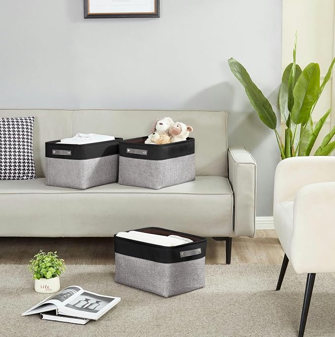 DECOMOMO Storage Bins, Large Fabric Storage Baskets for Shelves, Decorative Linen Closet Organizer, 15 x 11 x 9.5 inches (Grey & Black, 4 Pack)