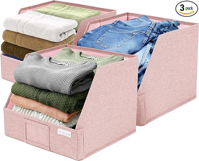 VIVIDECOR Closet Bins for Organization – 12x12x10 Foldable Boxes for Clothes, Fabric Trapezoid Storage Bins, Storage Baskets, Decorative Storage Baskets, Sweaters, Baby Clothes, Nursery– Pink, 3 Pack