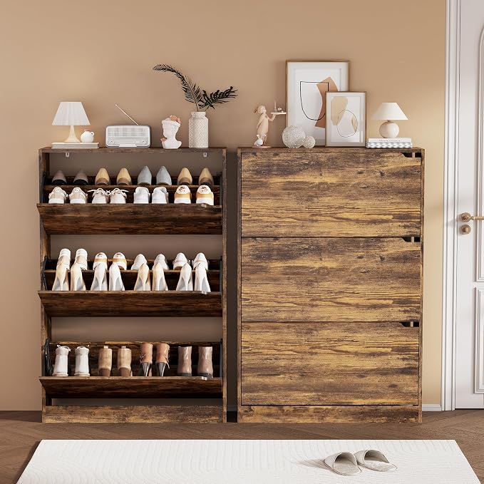 Shoe Storage Cabinet, Wood Shoe Organizer for Entryway with 3 Flip Drawers, Freestanding Shoe Rack with Adjustable Shelf, Narrow Shoe Dresser for Front Door Entrance (Brown, 3 Drawers)