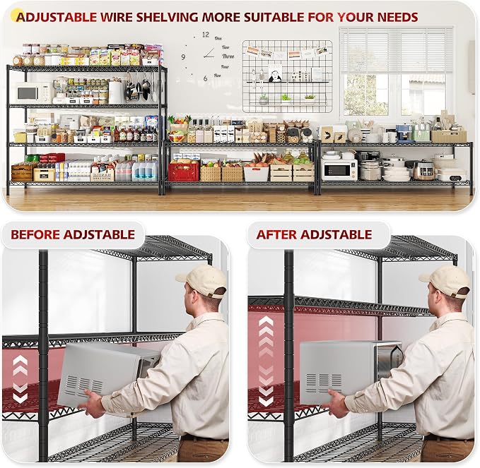 REIBII 55.52''W Storage Shelves 2480LBS Wire Shelving Unit with Wheels Heavy Duty Metal Shelves for Storage Adjustable Garage Storage Rack Kitchen Shelving,75.62" H X 55.52''W X 24.02" D,4PCS