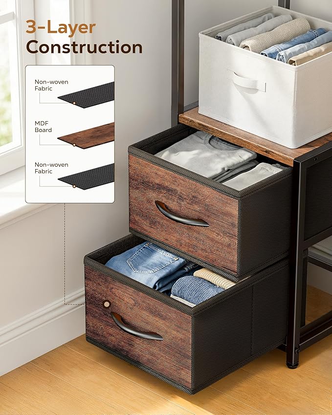 Housolution Corner Shelf Stand with Storage, 63.4'' Tall 6-Tier Corner Bookshelf Includes Fabric Drawers, Freestanding Corners Storage Shelf for Living Room Bedroom Kitchen Bathroom (Black + Brown)