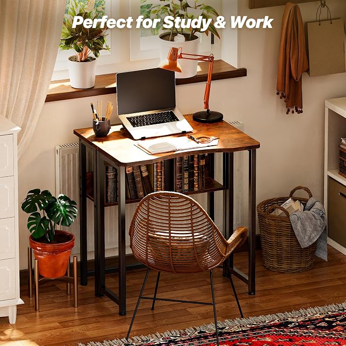 Huuger Folding Desk with Storage Shelf, 23.6 Inch Foldable Computer Table for Small Spaces, Space Saving Sofa Table for Couch, Writing Work Office Computer Desk, Easy to Fold, Rustic Brown