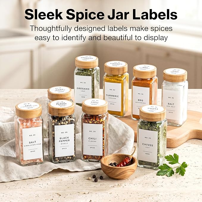 Minimalist Spice Jar Labels Self-Adhesive - 240 Stickers for Spice Jars, Spice Jars & Drawers, Round & Rectangular, Waterproof Spice Organiser Labels for Kitchen Organisation (White)