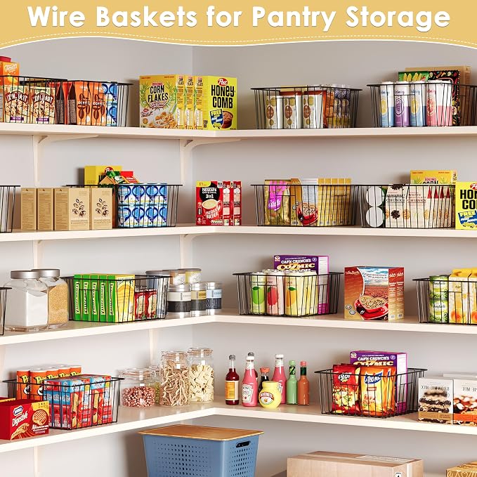 X-cosrack Metal Wire Baskets for Pantry Organization and Storage Freezer Organizer Bins with Handles 4 Pack-12"x12"x6" Extra Large Mesh Bin for Pantry Kitchen Laundry Closet Garage Patent Design
