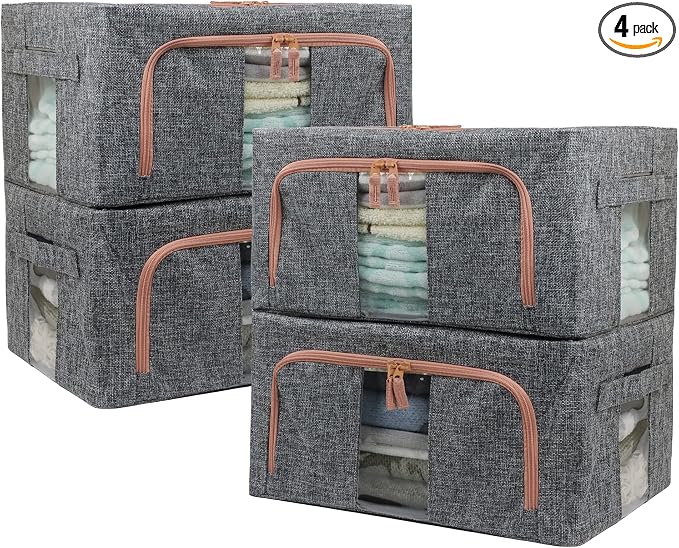 Linen Clothes Storage Bins, 4PCS Sturdy Closet Organizers and Storage Bin with Metal Frame, 2 Opening Ways Fabric Visible Lidded Storage Box for Organizing Clothing,Jeans,Sheets (4PC Gray, 22Liters)