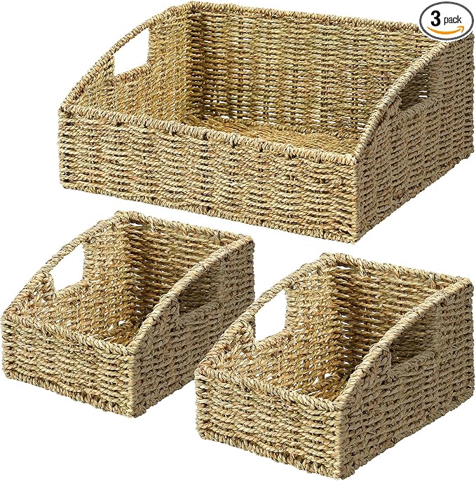 Rattan Storage Baskets, Handwoven Wicker Storage Bins with Built-in Handles, Storage Container Baskets for Shelves, Bedroom, Bathroom, Laundry Room or Kitchen(Green)