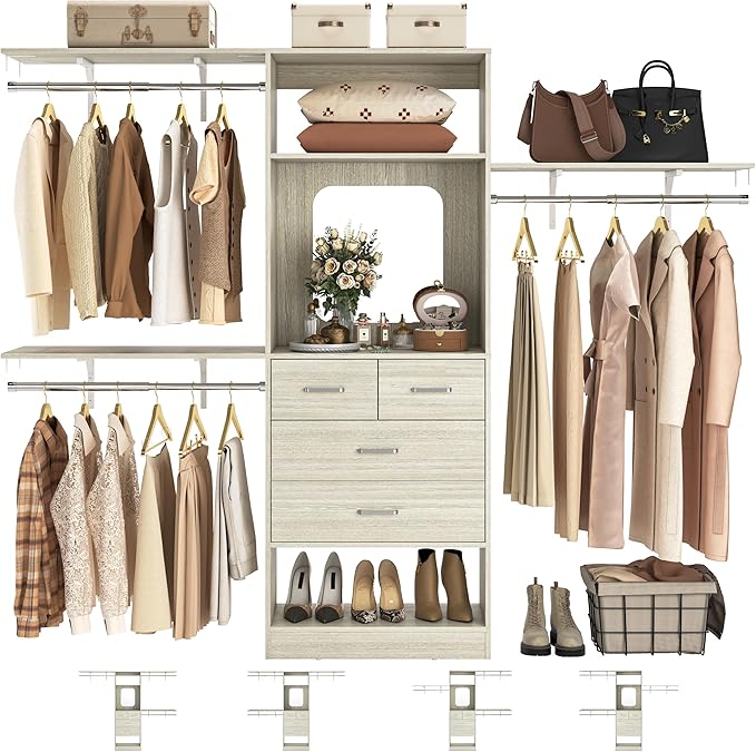 Unikito 8FT Closet System with 4 Drawers, 96" Wood Closet Organizer with Mirror and Hanging Rods, Sturdy Walk in Wardrobe Closet Insert with Tower, 96" W x 16" D x 80" H (Can Be Cut To Fit), White Oak