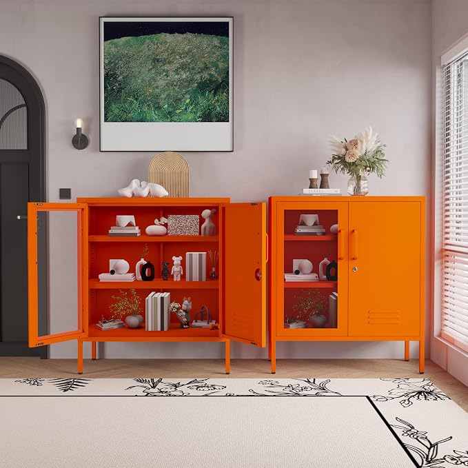 Lockable Metal Storage Cabinet Locker Adjustable Shelves, Modern Cabinets Versatile Storage Lockers Easy Assembly Durable Metal Sideboard Furniture for Living Room Home Office Orange