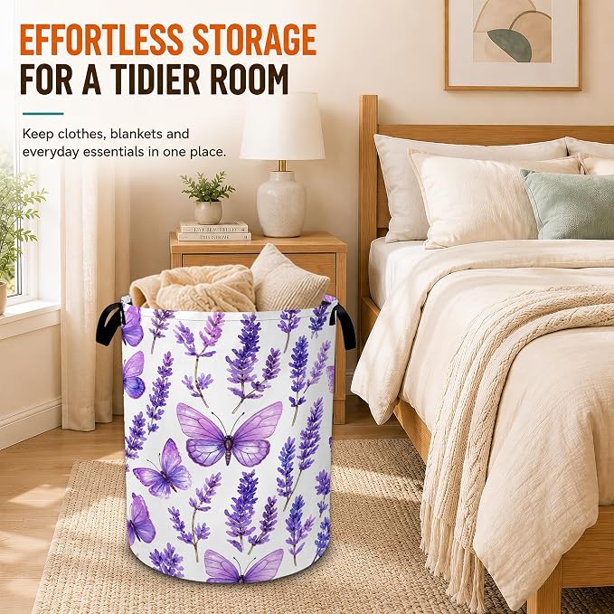 Lavender Laundry Basket with Handles,Purple Butterfly Foldable Oxford Laundry Hamper,Collapsible Clothes Storage Basket for Laundry Room/Bathroom/Bedroom/Dormitories 20.8 x 16 Inches