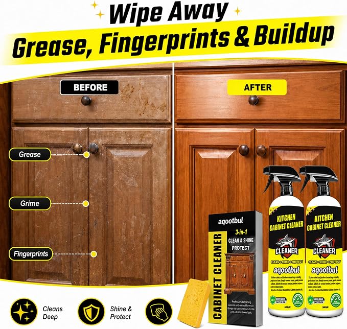 Kitchen Cabinet Cleaner, Wood Cabinet Degreaser & Furniture Cleaner, 2 Pack | 2-pack kitchen cabinet cleaner set with cleaning sponge for wood, painted and white cabinets; helps clean grease and grime.