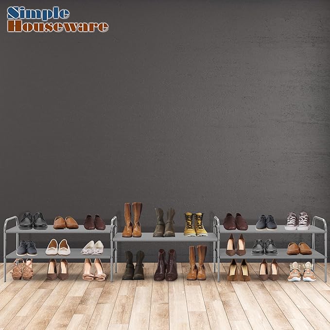 Simple Houseware 2-Tier Shoe Rack Storage Organizer, 12 Pairs, Grey | Space-Saving Shoe Shelf with Sturdy Metal Frame and Non-Woven Fabric Shelves for Entryway, Garage & Corridor