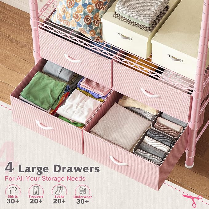 Raybee Clothes Rack with Drawers, 35" W Pink Clothing Rack Load 450LBS for Bedroom Apartment Dorm, Heavy Duty Metal Portable Closet with Adjustable Shelves, Multi-Function, Easy Assembly