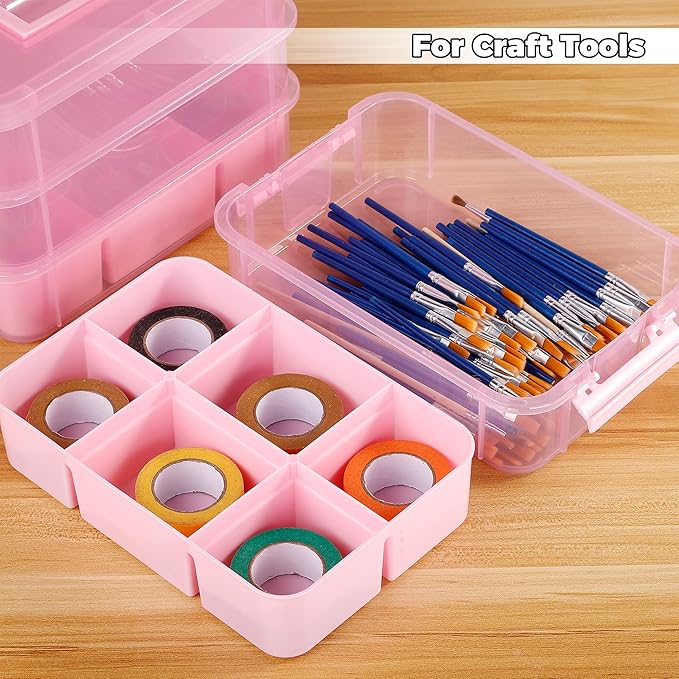 CraftGenes Art Supply Storage Organizer, 4-Tier 10 Qt Box, 2 Trays, Pink | Clear Compartments; Dual Removable Inserts; Carry Handle; Side Latches; Markers, Crayons, Brushes, Jewelry, Accessories