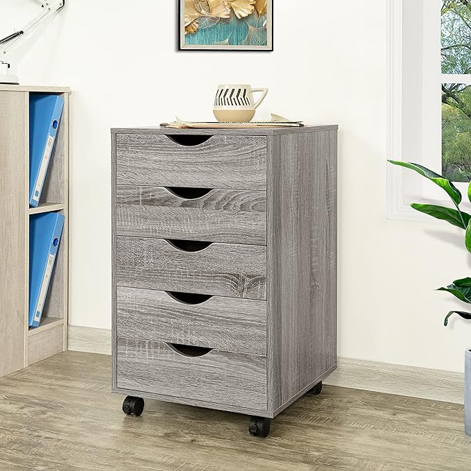 Naomi Home 5 Drawer Office Storage File Cabinet, Under Desk Storage File Cabinets for Home Office Organization Filing Cabinet with Wheels, Printer Stand,180 lbs Capacity - Gray Oak