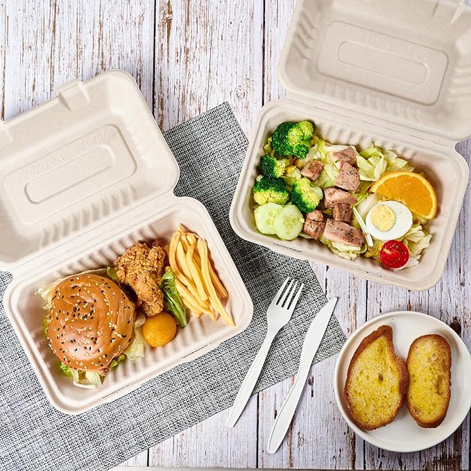 ECOLipak 75 Pack Compostable Clamshell Take Out Food Containers, 9x6 inch | Heavy-Duty Disposable To Go Boxes, Eco-Friendly Biodegradable To Go Containers For Food, Perfect for Next Day Lunch, Party
