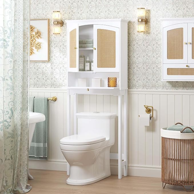 Spirich Over the Toilet Storage Cabinet with Arched Rattan Doors, White | Tilt-Out Storage Cube, Adjustable Shelf, 33-Inch Clearance, Anti-Tip Bracket, Freestanding Bathroom Organizer for Toiletries