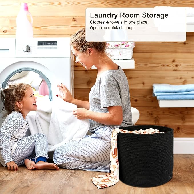 XUANGUO Cotton Rope Woven Basket, 16x14 in Kids Laundry Basket black | Round blanket basket and small laundry basket; baby hamper or nursery storage bin for girls, boys, toys, clothes and shoes