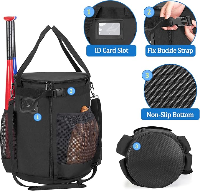DSLEAF Baseball & Softball Bucket Bag for 6 Gallon Bucket, Bag Only | Softball Bucket Cover with Multi Pockets, Large Zipper for Easy Access, Portable Handle for Easy Carrying